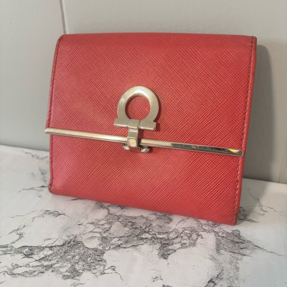 Salvatore Ferragamo Mancini Icona French Wallet Salmon Pink Silver Hardware